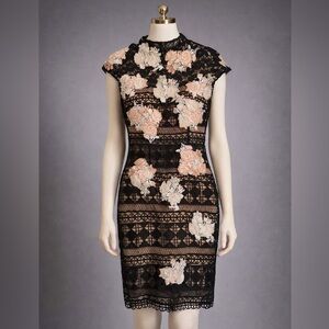 Jovani Black Lace Midi Dress with Blush Floral Appliqués